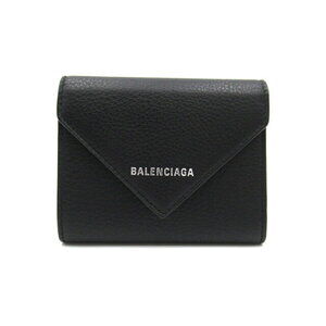 Balenciaga PAPIER Compact Tri fold Wallet Calfskin Leather Black